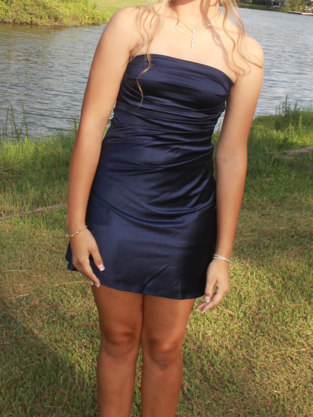 Strapless Navy Satin Cocktail Dress - Brand